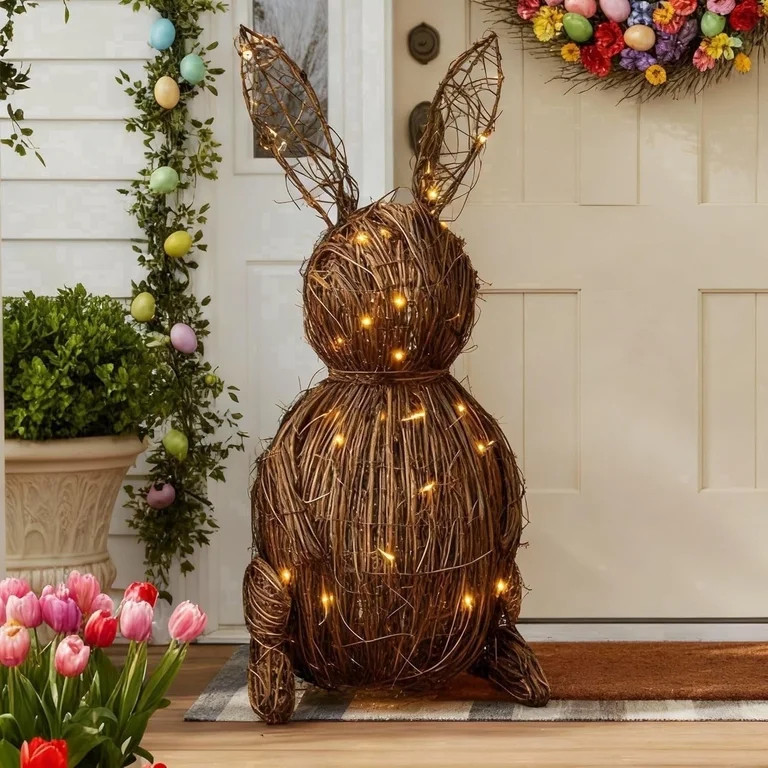 20'' Wicker Easter Bunny Light Up, Rattan Bunny Outdoor Woven Wicker, Rabbit Topiary Easter Porch... | Walmart (US)