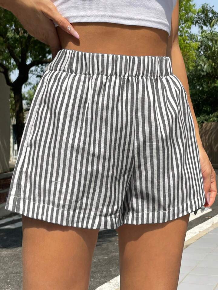 SHEIN EZwear Stripe Print Elastic Waist Wide Leg Shorts For Summer | SHEIN
