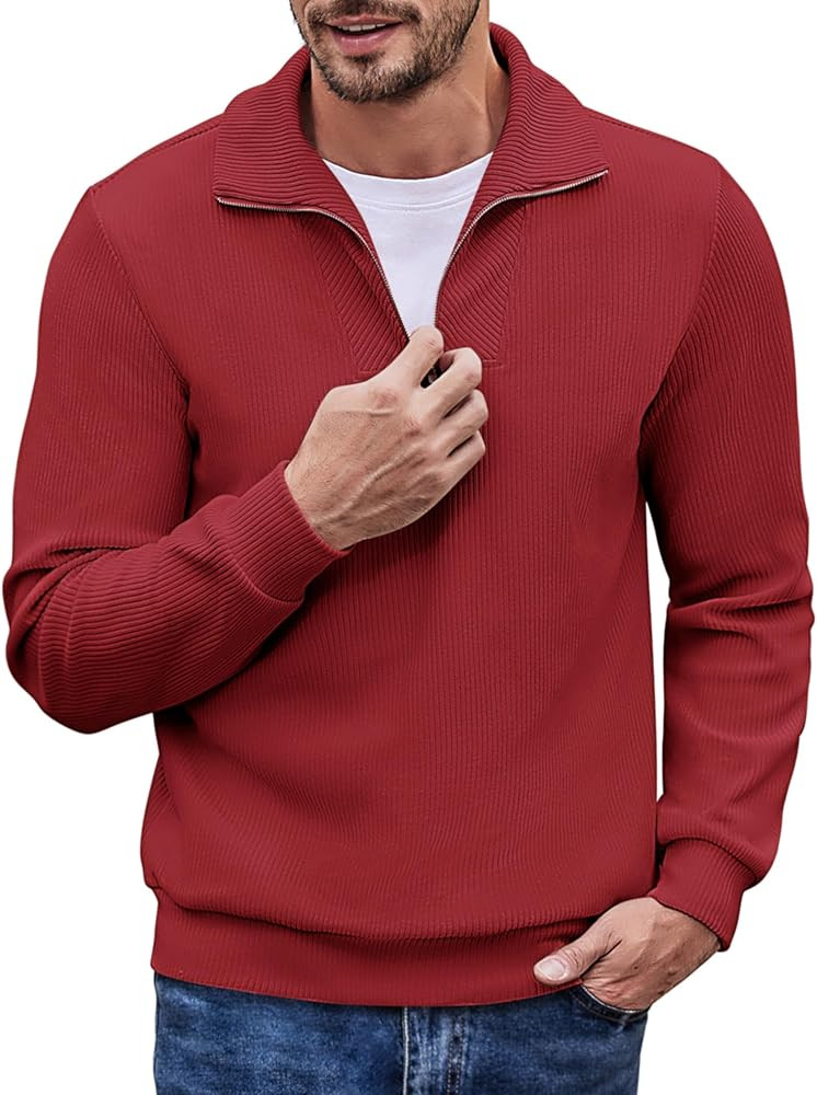 COOFANDY Men's Quarter Zip Up Pullover Mock Neck Long Sleeve Sweater Casual Corduroy Polo Sweatsh... | Amazon (US)