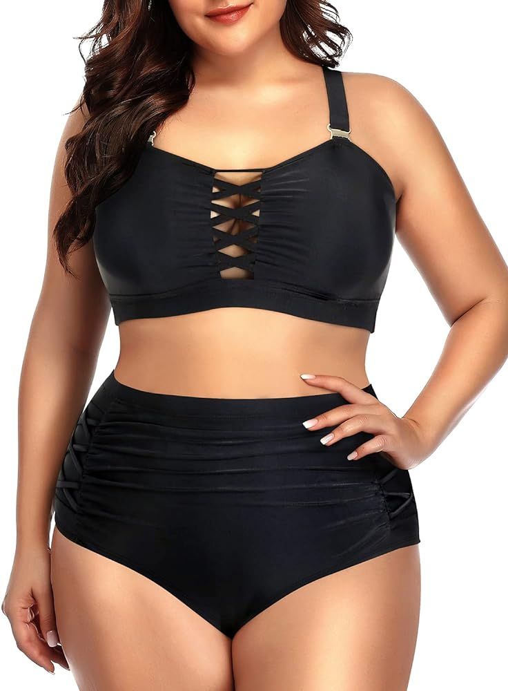 Daci Women Plus Size Two Piece Bikini Swimsuit High Waisted Bottom Ruched Lace Up Bathing Suit | Amazon (US)