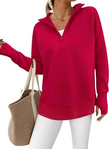 PRETTYGARDEN Womens Long Sleeve Quarter Zip Pullover Sweater Casual Loose V Neck Collared Ribbed ... | Amazon (US)