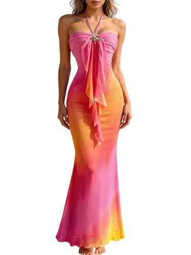 GORGLITTER Women's Floral Ombre Boho Maxi Dresses Halter Starfish Sunset Vacation Beach Cocktail Fishtail Sundress Pink and Orange Small | Amazon (US)
