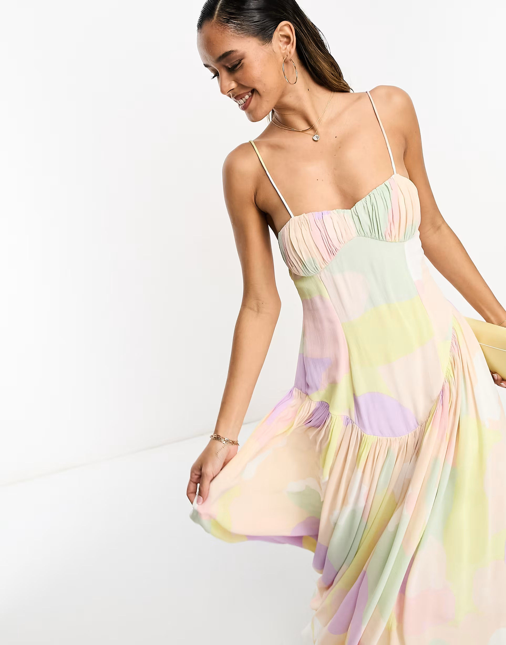 ASOS DESIGN ruched bust backless cami maxi dress with dropped hem in abstract print | ASOS (Global)