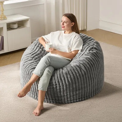 Large Bean Bag Chair For Adults – Grey – 3Ft Big Beanbag With Stripe Plush Cover For Living Room, Bedroom, Dorm & Office | Wayfair North America