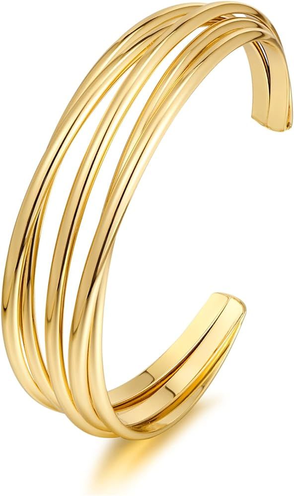Gold Cuff Bracelet for Women Chunky Multi-layer Cross Wire Open Bracelet Hollow Wide Cuff Bracele... | Amazon (US)