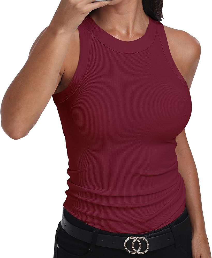GEMBERA Womens Sleeveless Racerback High Neck Casual Basic Cotton Ribbed Fitted Tank Top | Amazon (US)