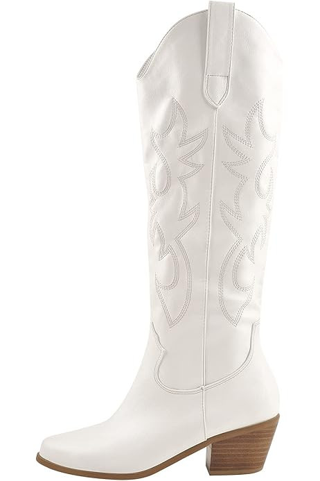 Richealnana Cowboy Boots for Women Embroidered Square Toe Distressed Pull-On Cowgirl Knee High Weste | Amazon (US)