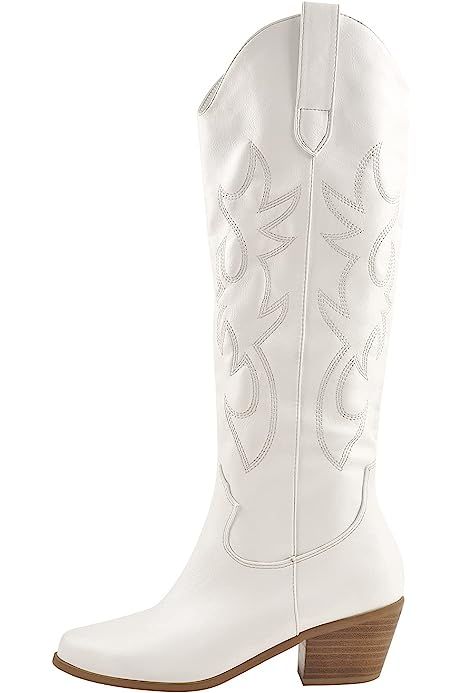 Erocalli Cowboy Boots for Women Embroidered Pull-On Chunky Stacked Heel Cowgirl Knee High Western Bo | Amazon (US)