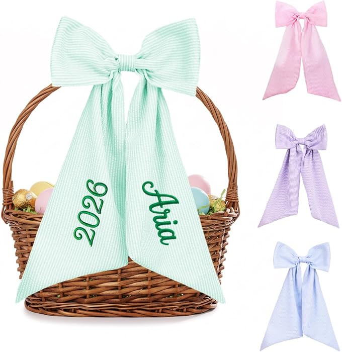 Custom Easter Basket Ribbon with Embroidered Name,Personalized Seersucker Wreath Bows, Bunny Wrea... | Amazon (US)
