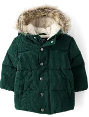 Baby And Toddler Embroidered Tree Heavyweight Sherpa Lined Corduroy Puffer Jacket - green | The Children's Place