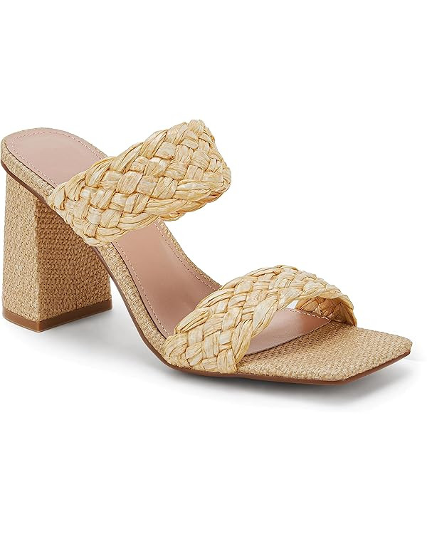 Syktkmx Women's Braided Heeled Sandals Backless Square Open Toe Block Slide Sandals | Amazon (US)