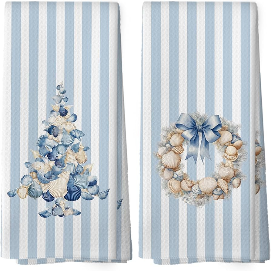 Blue Coastal Beach Christmas Tree Kitchen Towels Set of 2, Coastal Beach Christmas Decor Hand Tow... | Amazon (US)