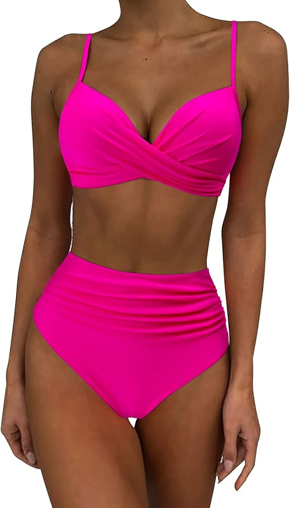 KUNISUIT Women Criss Cross Bikini Set High Waisted Swimsuit Push Up 2 Piece Bathing Suit | Amazon (US)