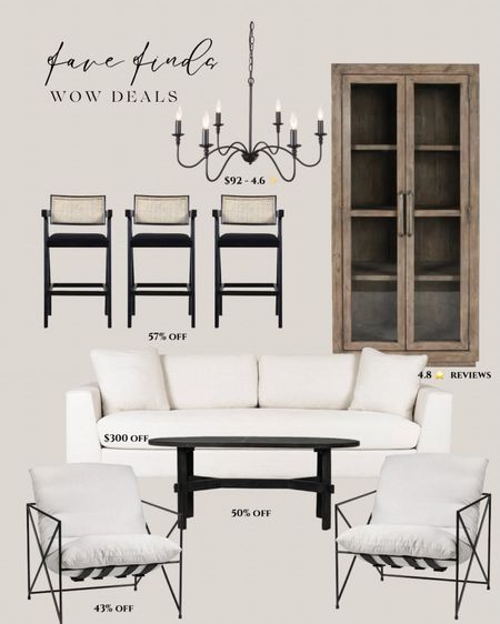 White sofa modern. Modern counter stools rattan. Black coffee table rustic. Modern accent chair white. Designer inspired. Black chandelier with arms. Tall cabinet white oak. 

#LTKsalealert #LTKhome