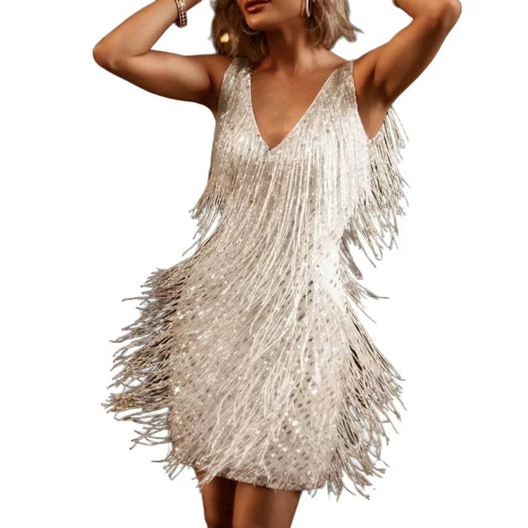 Julycc Womens Sleeveless V Neck Sparkle Sequins Clubwear Evening Party Mini Dress | Walmart (US)