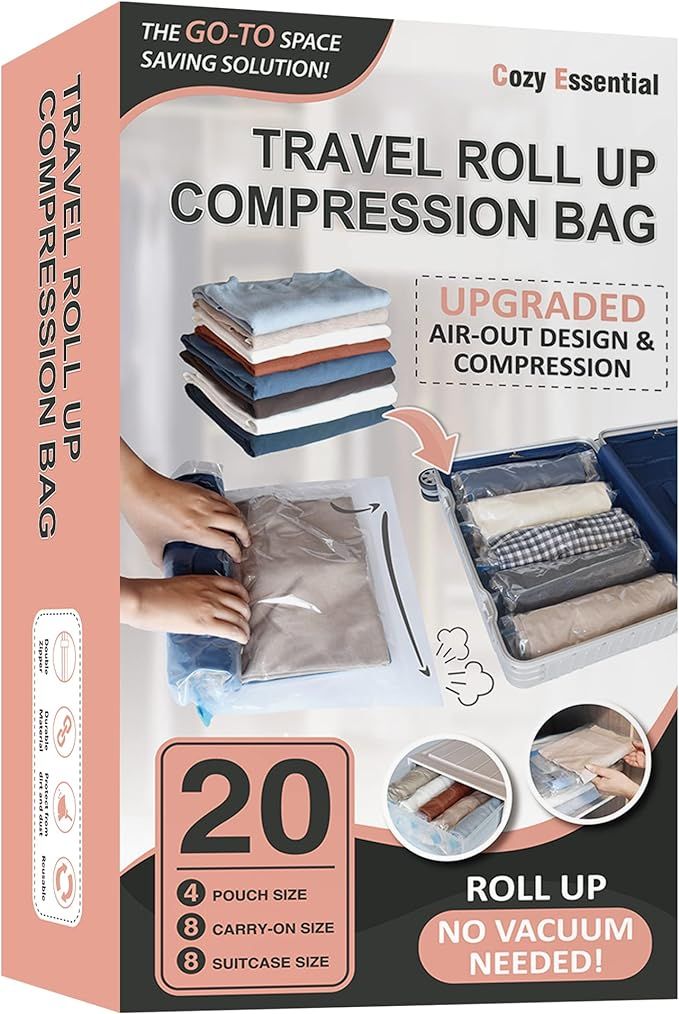 20 Travel Compression Bags, Roll Up Travel Space Saver Bags for Luggage, Cruise Ship Essentials (... | Amazon (US)