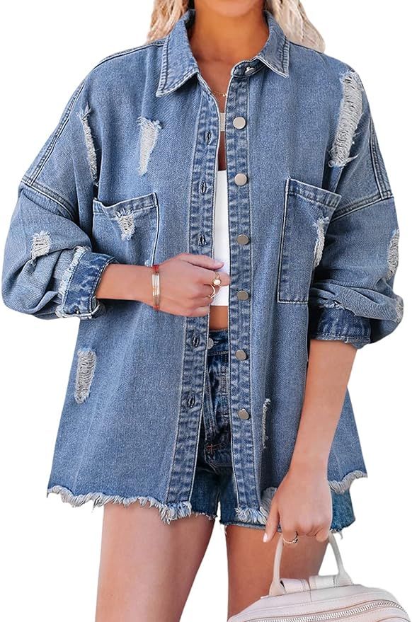 EVALESS Jean Jacket for Women Distressed Frayed Denim Jacket Ladies Ripped Stretchy Jacket With P... | Amazon (US)