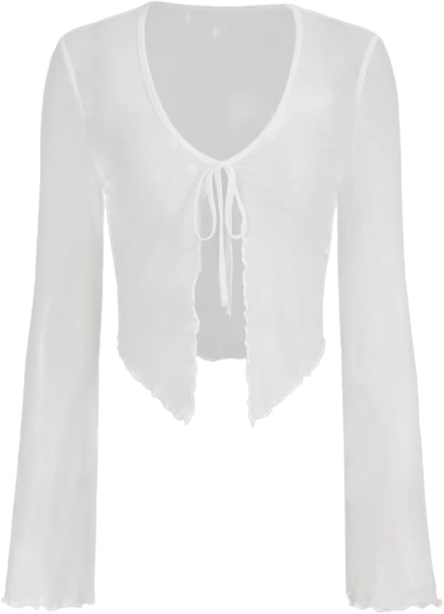 Verdusa Women's Sheer Shrug Crop Top Long Sleeve Tie Front Lettuce Trim Mesh Open Cardigan Top | Amazon (US)