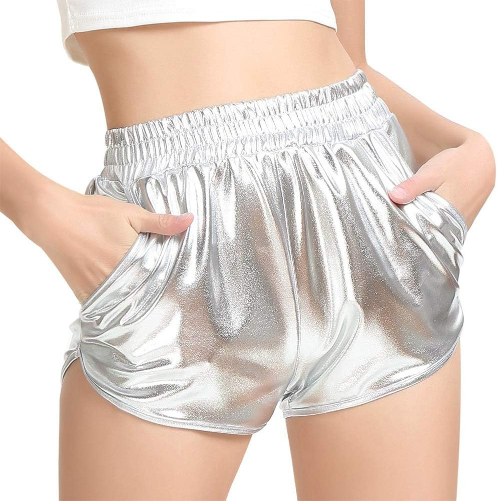 MAKARTHY Women's Metallic Shorts Elastic Waist Shiny Sparkly Rave Pants | Amazon (US)