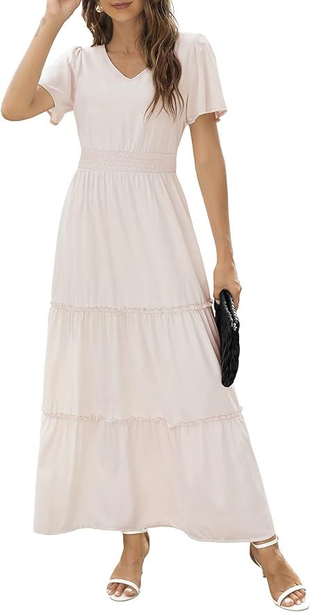 Zattcas Womens 2023 Summer Casual Long Dress Short Flutter Sleeve V Neck Smocked Tiered Modest Fl... | Amazon (US)
