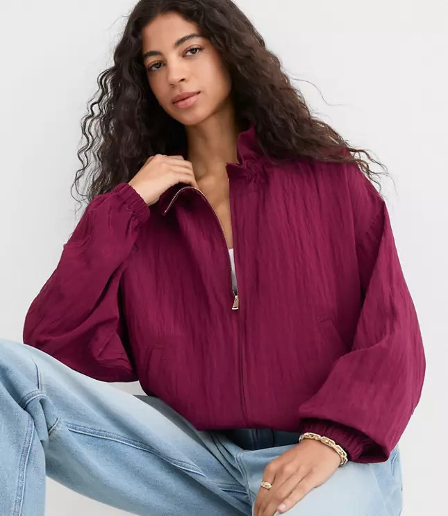 Ruffle Collar Bomber Jacket | LOFT