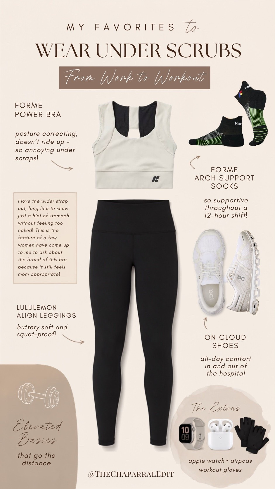 My favorite work-to-workout staples under scrubs as a CRNA🤍

These are the pieces I reach for when I know I’m going straight from a long shift to the gym. If you work in healthcare, wear scrubs, or spend 12-hour shifts on your feet, these are some of my tried-and-true healthcare work essentials that make it much easier to go straight from work to a workout.  #ad

✨ Forme Arch Support Socks: @forme.science recently gifted me these to try, and they’ve been such a good addition to my workday. They feel so supportive throughout a 12-hour shift!

✨ Forme Power Bra: This one was already a favorite of mine. I love the posture support, wider straps, and that it DOESN’T ride up under my scrubs (why is that so annoying?!). The longline cut also shows just a hint of stomach without feeling too bare. I’ve actually had several women stop me to ask what bra I’m wearing because it still feels very mom-appropriate while being cute enough for the gym.

✨ lululemon Align Leggings: buttery soft, comfortable enough to wear under scrubs, and squat-proof when I head to the gym afterward.

✨ On Cloud shoes: my go-to work shoes for the last 8 years. Lightweight, comfortable, and easy to wear all day.

Also linked: my Apple Watch, AirPods, and workout gloves for the full work-to-workout setup.

Whether you’re a nurse, CRNA, NP, PA, physician, or another healthcare worker looking for comfortable things to wear under scrubs or long-shift essentials, these are the pieces I genuinely reach for.

The Forme socks were gifted. As always, I’m only sharing what I genuinely use and like. 🤍

#LTKdayinmylife #LTKfitnessgoals #LTKActive