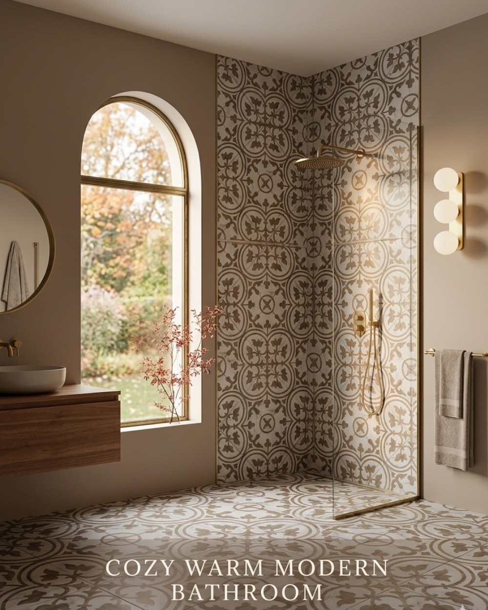A neutral pattern cozy warm bathroom design ideas. #bathroom #tileideas #patterntiles #homedecor #neutralbath #modernrusticbath #bathroomstyles

#LTKvlog #LTKmorningroutine #LTKgrwm