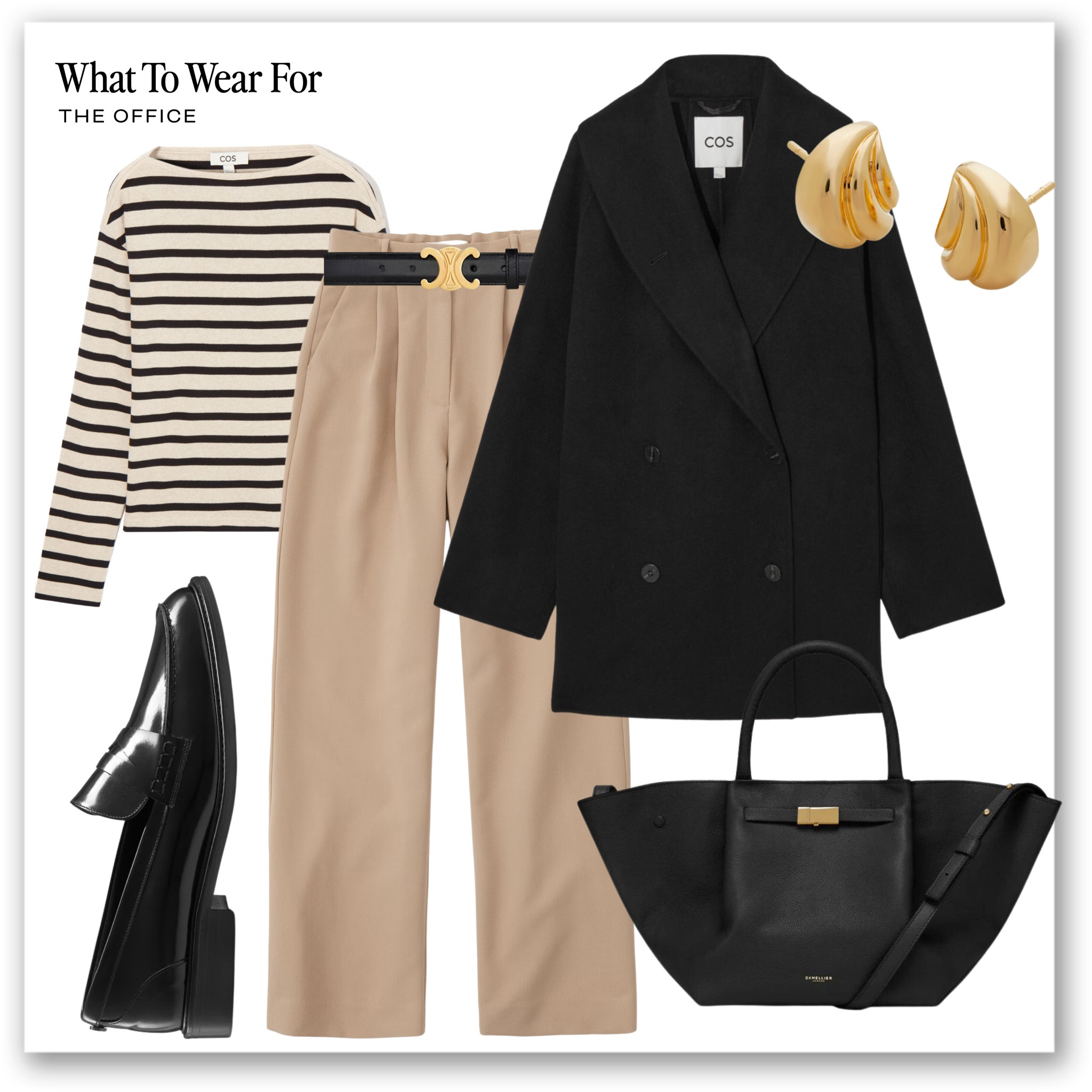 Office outfit inspo 

Autumn, neutrals, tailored trousers, Abercrombie, black wool coat, cos, black loafers, demellier tote bag, stripe top, workwear 

#LTKSeasonal #LTKeurope #LTKstyletip