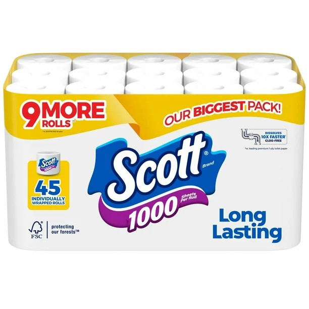 Scott 1000 1-Ply Toilet Paper 45 rolls, 1,000 sheets/roll | Sam's Club