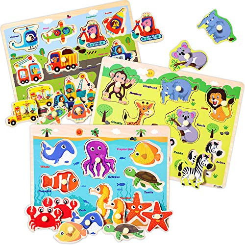 Wooden Peg Puzzles for Toddlers 2 3 4 Years Old, Kids Educational Preeschool Peg Puzzles Toy, 3 Pcs Toddler Puzzles Set - Traffic, Animals and Ocean, Great Gift for Girls and Boys (First Edition) | Amazon (US)