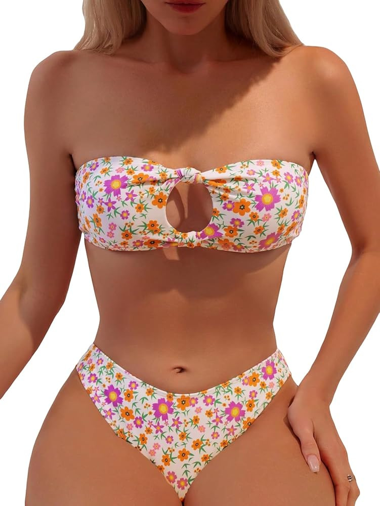 MakeMeChic Women's 2 Piece Bandeau Swimsuit Floral Cut Out Bikini Set Strapless Bathing Suits | Amazon (US)