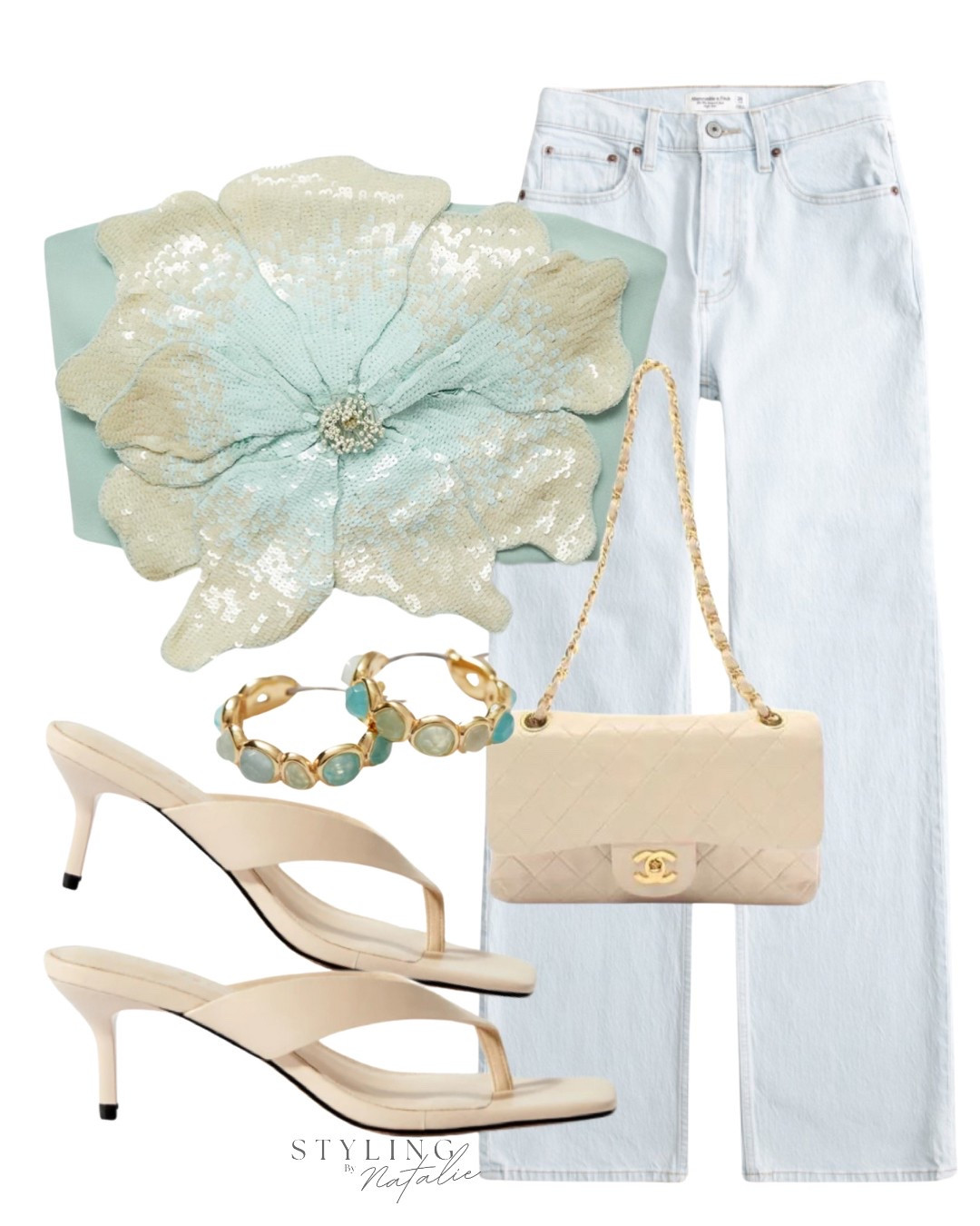 Summer date night outfit, Sequin flower appliqué crop top, high rise light wash denim jeans, kitten heel thong sandals and blue stone earrings. 
Going out outfit, holiday outfit, casual chic, club wear, weekend look, party wear, party outfit.

#LTKsummer #LTKpartywear #LTKstyletip
