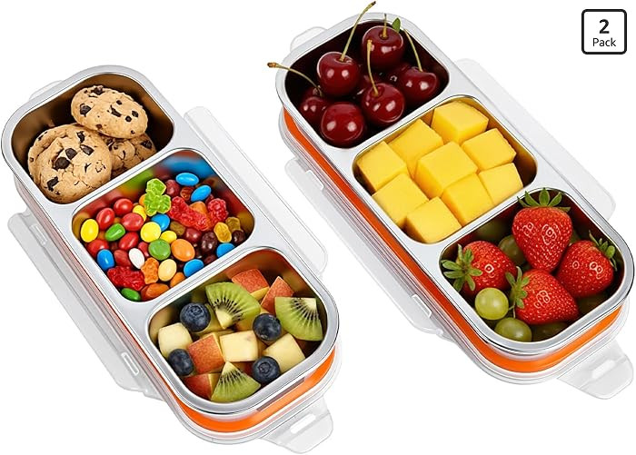 Stainless Steel Snack Box Container - 2 Pack Bento Box for Kids & Adults, 3 Compartment Leak-Proo... | Amazon (US)