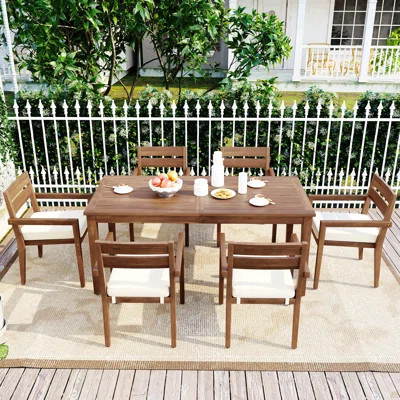 7 Pieces Acacia Wood Outdoor Dining Set With Cushions,Modern 6 Chairs And 1 Large Table, Dining Furniture Set | Wayfair North America