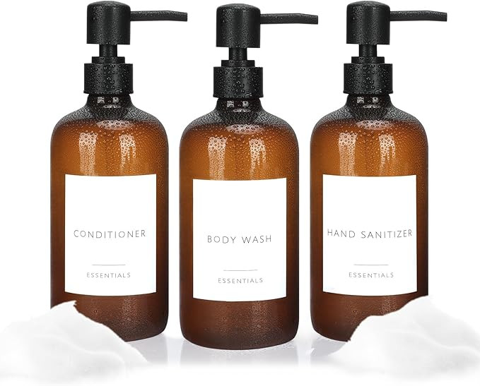 Nellyke Shampoo and Conditioner Dispenser Bottles Set, Modern Brown 21oz Refillable Shower Soap D... | Amazon (US)