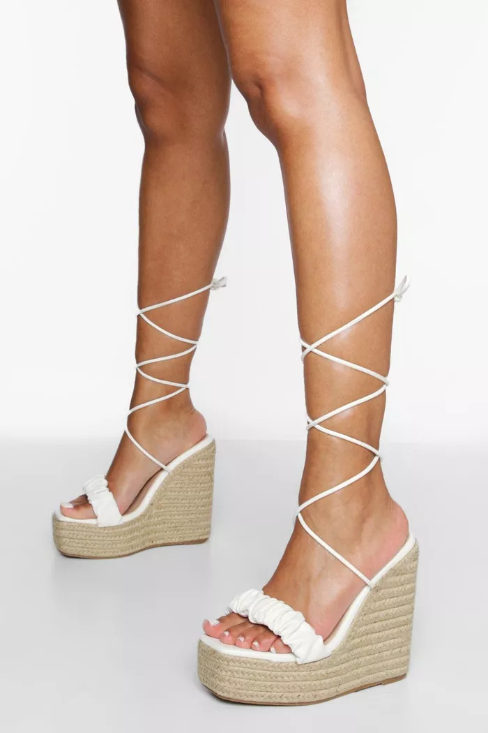 Wide Width Ruched Wrap Up High Wedge | Boohoo.com (US & CA)