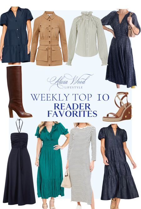 
Top 10 Weekly Favorites

Cotton navy blue stripe midi dress
Navy blue midi dress with cinched waist
Hunter green short sleeve midi dress
Navy blue Veronica Beard midi dress
Navy blue Brochu Walker short sleeve button down mini dress
Denim blue Brochu Walker short sleeve button down midi dress
Green and white striped blouse 
Versatile safari jacket 
Brown leather quilted espadrille wedges with gold studs
Knee high brown leather boots with heel

#LTKsalealert #LTKSeasonal #LTKSale