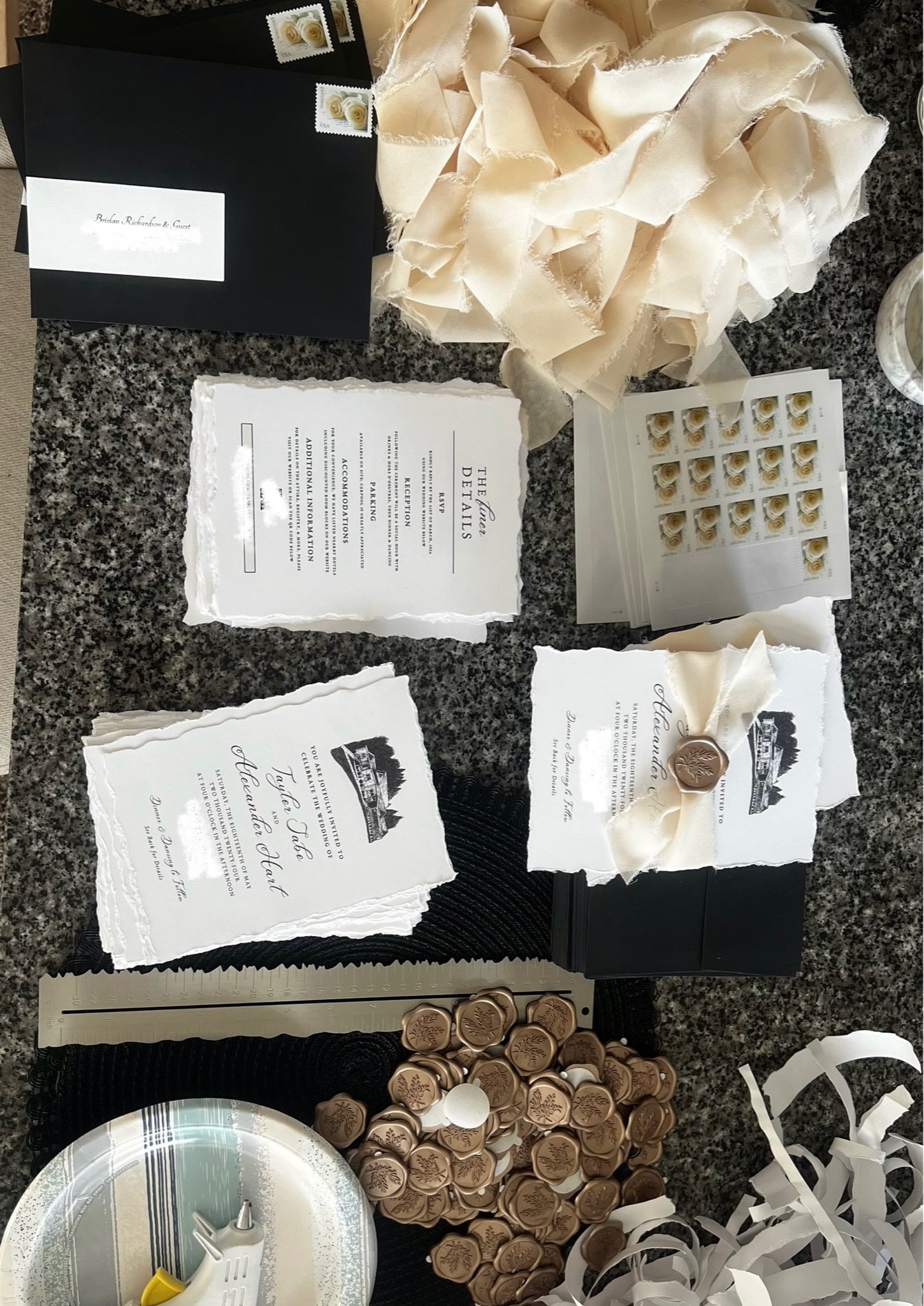 DIY Wedding Invitations! These were a LABOR of love, but I am so proud of how they turned out!🥹 They didn’t come without a few hiccups but were so worth it!!! 

Details:

I made the invite on Canva from scratch (not a template), using Pinterest for Inspo! My stepdad drew the venue and I just used a digital scanner to upload. 

I measured it out to print two 5x7’s on one piece of Cardstock paper, flipped and printed two of the “finer details” on the backside so I would only have one piece. 
I created a super faint rectangle border around the frontside on Canva to know where to rip against the deckled edge ruler. I did not use the water pen the ruler came with - the paper was strong enough. 

I cut all of the ribbon to the desired length for tying, and before hot gluing the seal to the ribbon I put a thin piece of cardboard in between the ribbon and paper so it wouldn’t stick to the paper. Then just slide the cardboard out. 

The envelopes are SO nice. I wanted thicker quality and they were perfect - they also have an adhesive sticker you peel off the flap to seal which makes it so easy. 

Most at home printers don’t have white ink, but I really wanted black envelopes, so I found these slightly textured wraparound address labels! They’re so nice. Return address goes where the flap slide is and deliver to will go on the stamp side - If you go to Avery.com, they make awesome templates for easier printing!

That was a whirlwind, but if you have any questions, please reach out!!!

#ltkwedding #weddinginspo #diyinvitations #diybride #diywedding #bridal