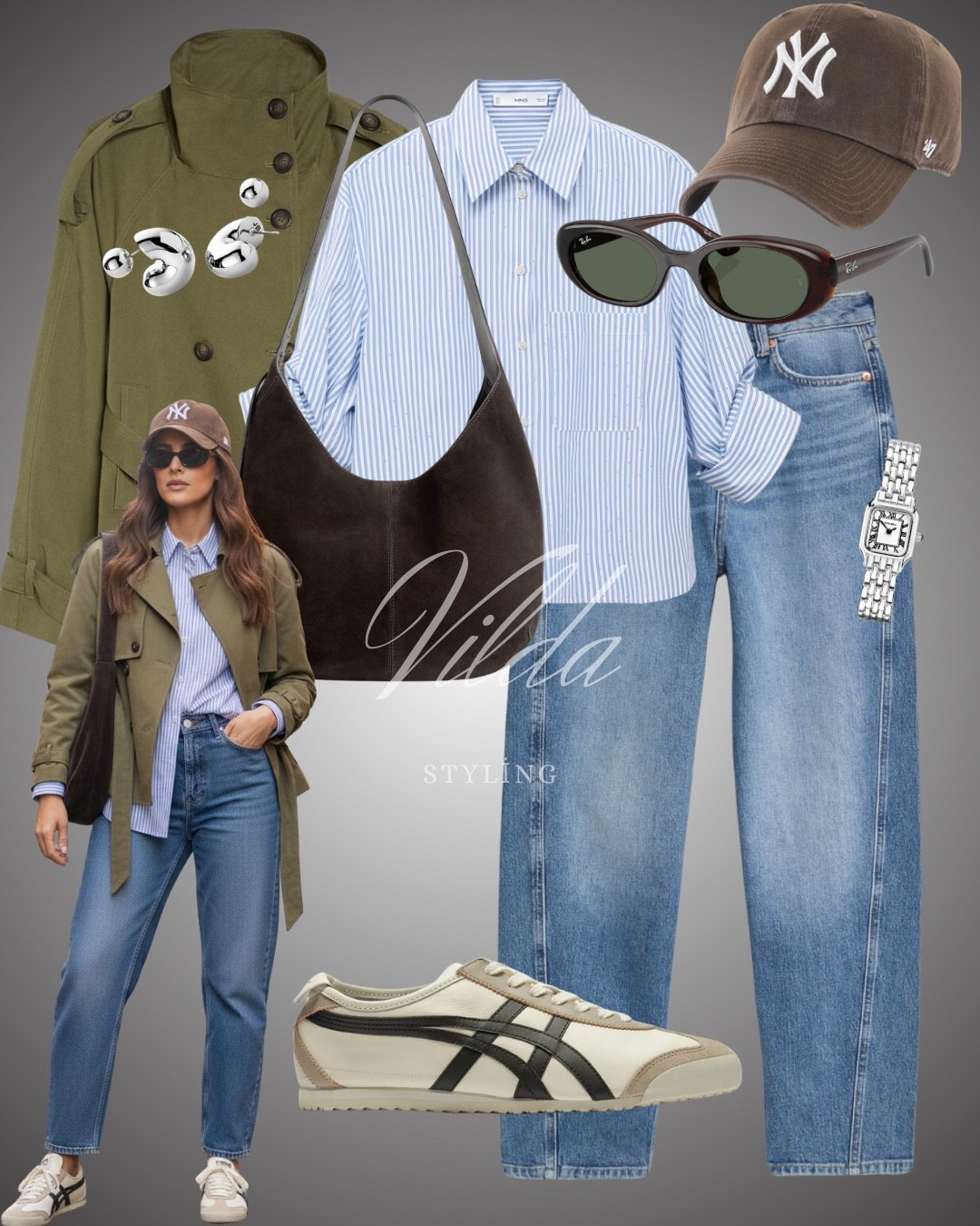 The ultimate weekend uniform. 👟 Obsessed with how this olive trench grounds the blue stripes and denim. It’s giving "running errands but make it fashion #streetstyle #effortlesschic #parisianstyle 

#LTKstyletip #LTKFashionMonth #LTKspring