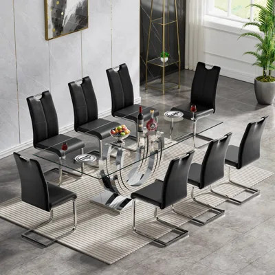 70" Glass Dining Table Set, Clear Glass Dining Table with Stainless Steel Pedestal & Leather Dining Chairs, 70" Rectangle Dining Room Table and Chairs | Wayfair North America