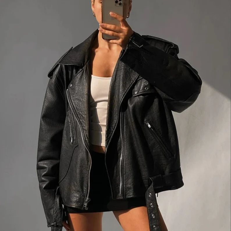 Women's Real Genuine Sheep Skin Black Oversized Biker Leather Jacket Vintage Style Lambskin Baggy... | Etsy (US)
