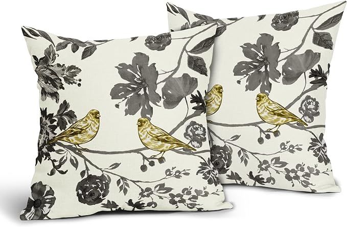Yellow Bird Throw Pillow Covers 18x18 Inch Set of 2 Yellow Grey Flower Pillow Covers Modern Sprin... | Amazon (US)