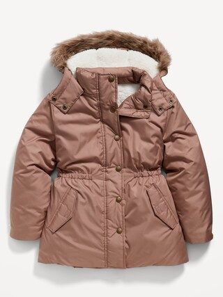 Sherpa-Lined Cinched-Waist Hooded Parka Coat for Girls | Old Navy (CA)