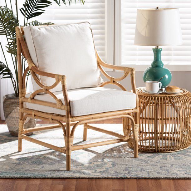 Baxton Studio Brandon Modern Bohemian White Fabric Upholstered and Natural Brown Rattan Armchair | Walmart (US)