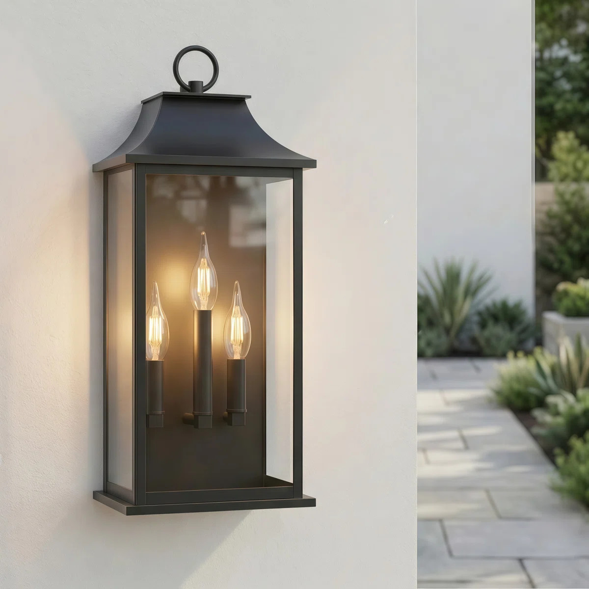 3 - Light 25''H Black Iron Etl Outdoor Wall Light With Dusk To Dawn And Tempered Glass | Wayfair North America