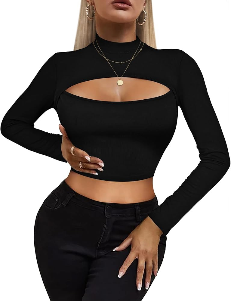 HOTOUCH Women's Short Sleeve Long Sleeve T Shirt Front Cut Out Basic Knit Mock Neck Crop Top XS-X... | Amazon (US)