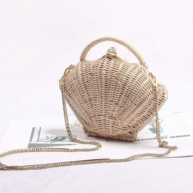 N\C Shell-Shaped Chain Small Messenger Bag Rattan Woven Woven Portable Beach Leisure Straw Bag | Amazon (US)