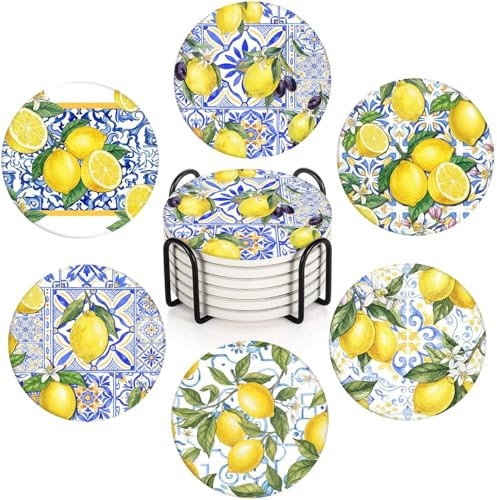 Bribay Coasters for Drinks Set of 6, Yellow Lemon Fruit Blue Ceramic Pattern Absorbent Round Ceramic Stone Mat, with Cork Base and Metal Holder, Gift for Housewarming Room Bar Decor | Amazon (US)