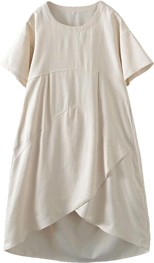Minibee Women's Casual Linen Dress Summer Short Sleeve Flowy Empire Waist Midi Dresses with Pocke... | Amazon (US)
