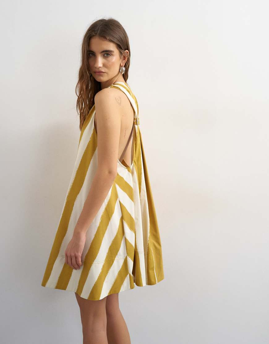 Topshop poplin halter deep hem mini trapeze dress in mustard contrast striped print-Yellow | ASOS (Global)